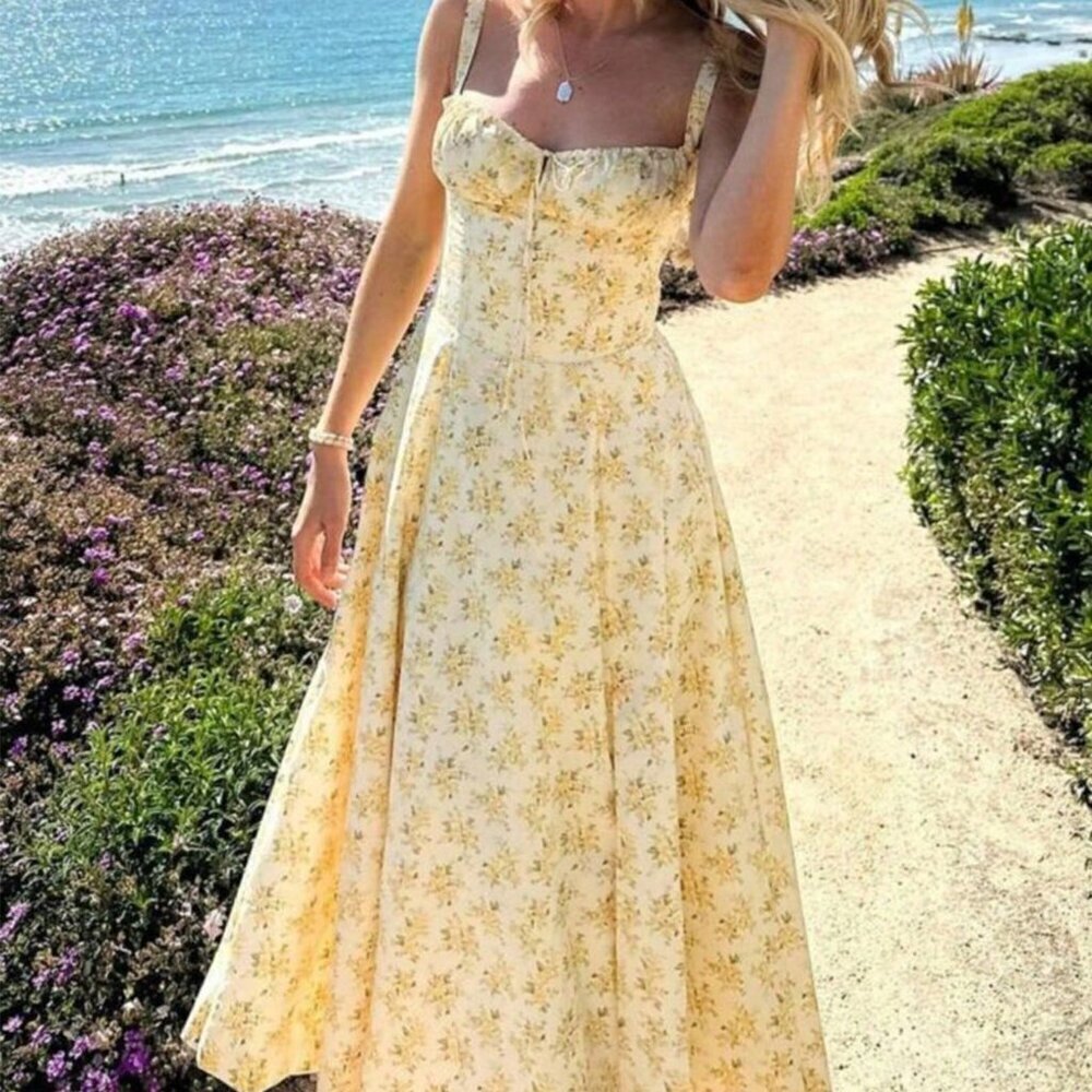 Yellow Women's Elegant Ditsy Floral Midi Dress